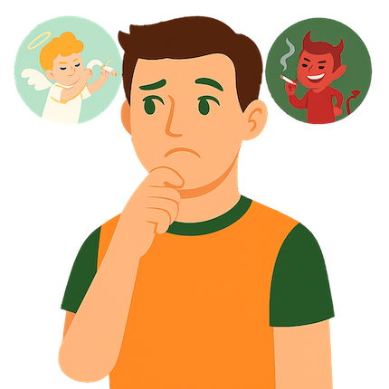 Tom déchiré par la décision de commencer son sevrage du tabac, partagé entre un petit ange qui casse sa cigarette et un petit diable qui le pousse à continuer.